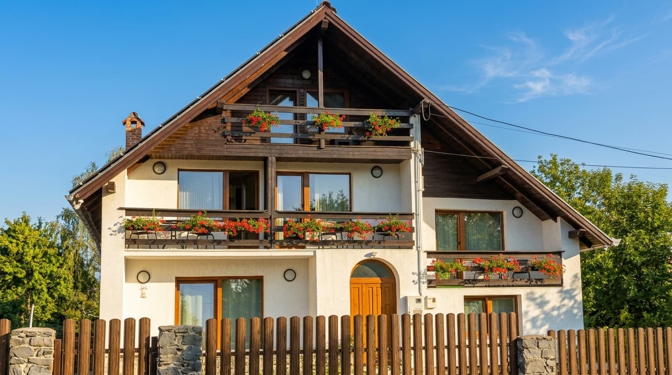 Casa Ciubărului Bran — fațada cu balcoane de lemn și mușcate, pe colina din Bran